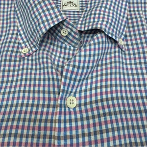 PETER MILLAR Linen Silk Blend Button Down Shirt Mens L Retro Checks LS Pink Blue